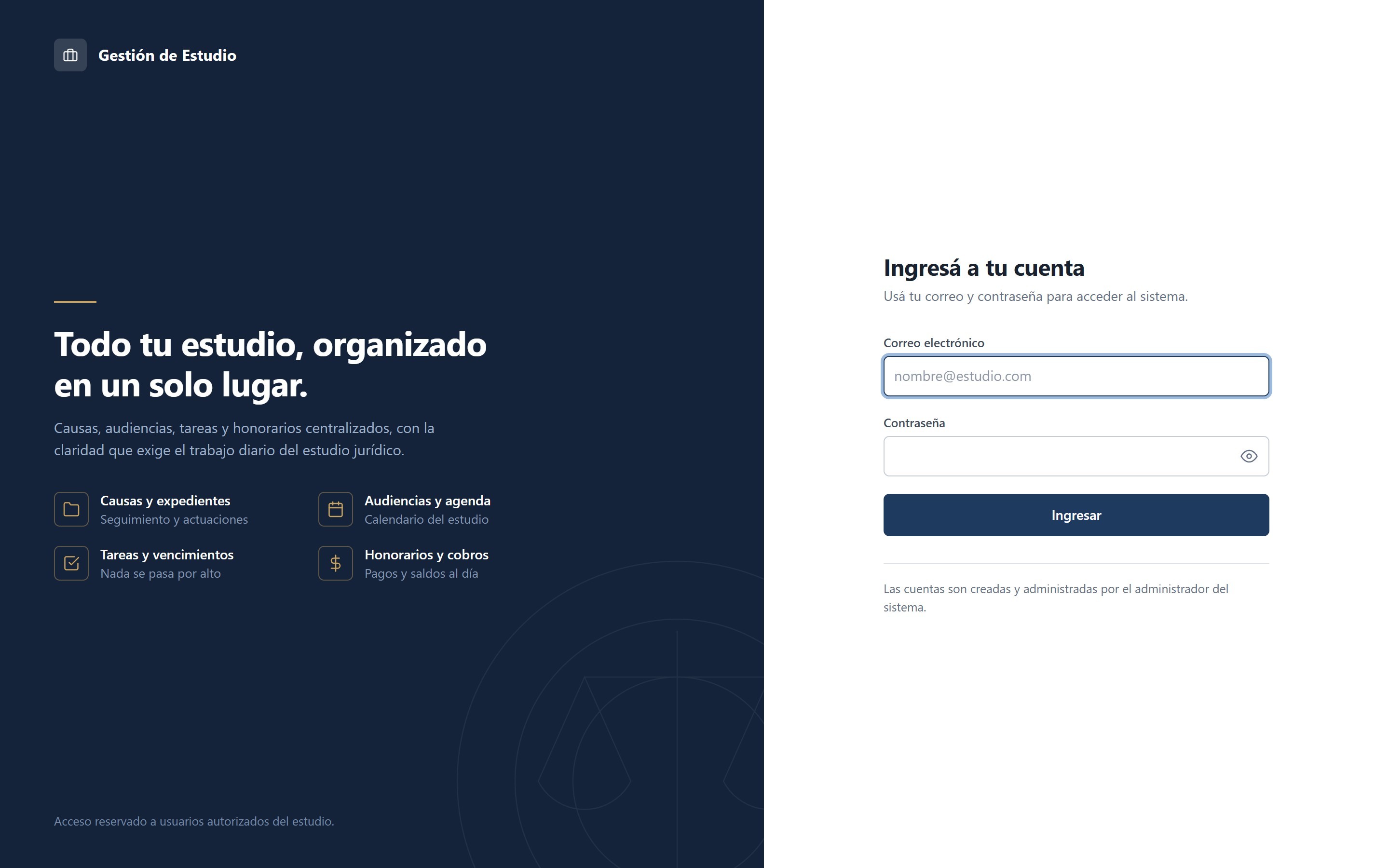 Pantalla de ingreso del Sistema de Gestión para Estudios Jurídicos