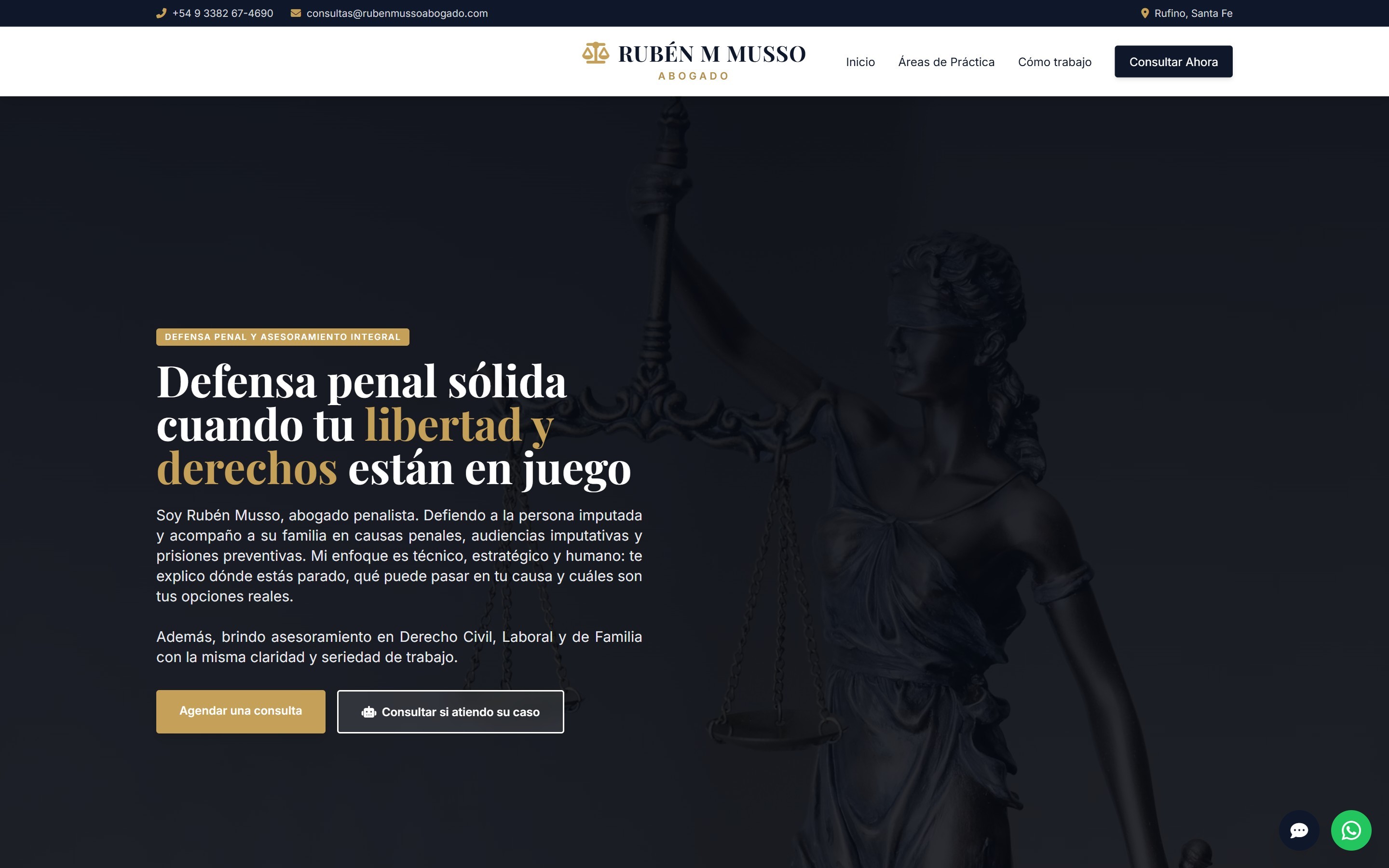 Página de inicio del sitio web del Estudio Jurídico Ruben Musso