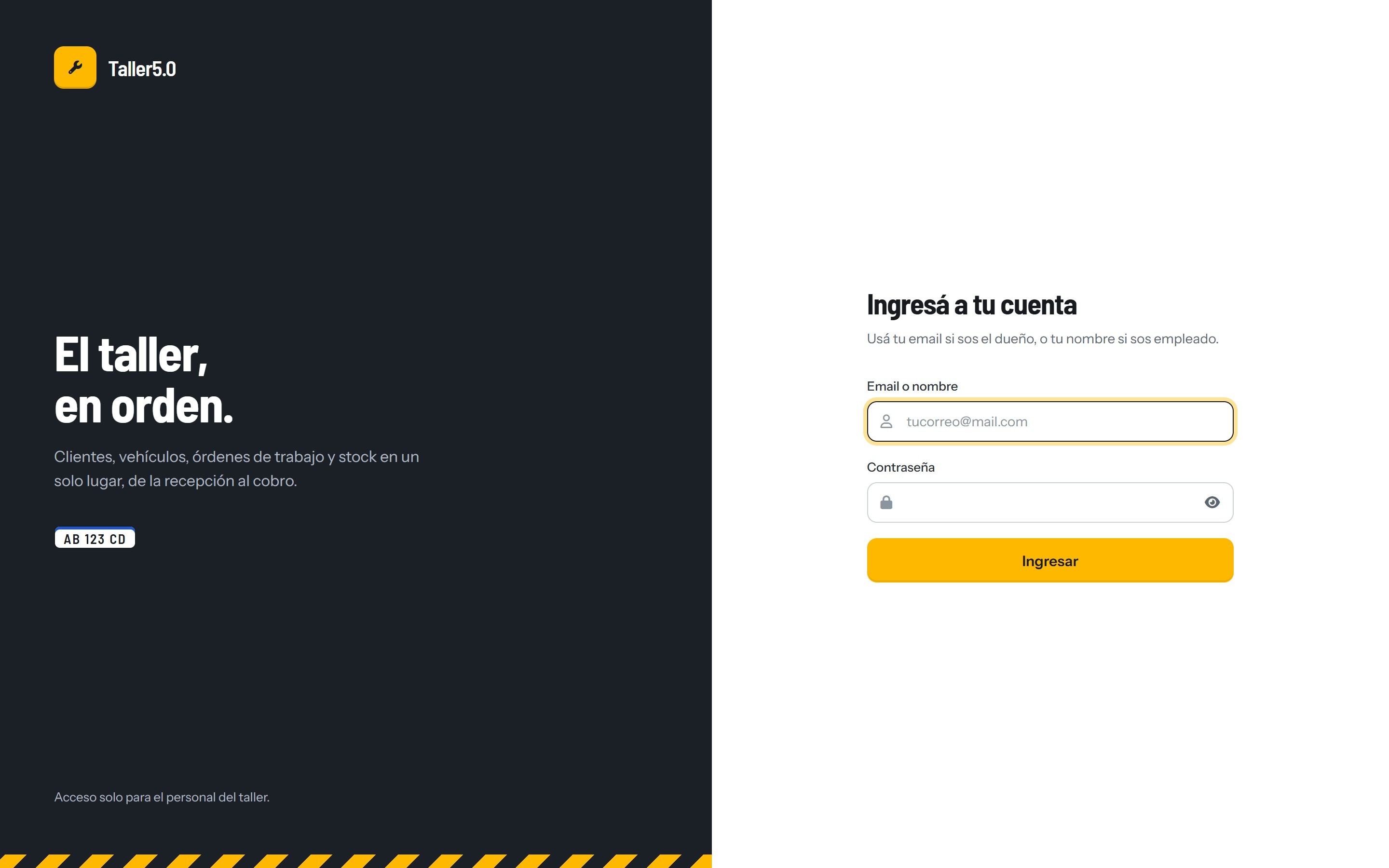 Pantalla de ingreso del Sistema de Gestión para Talleres